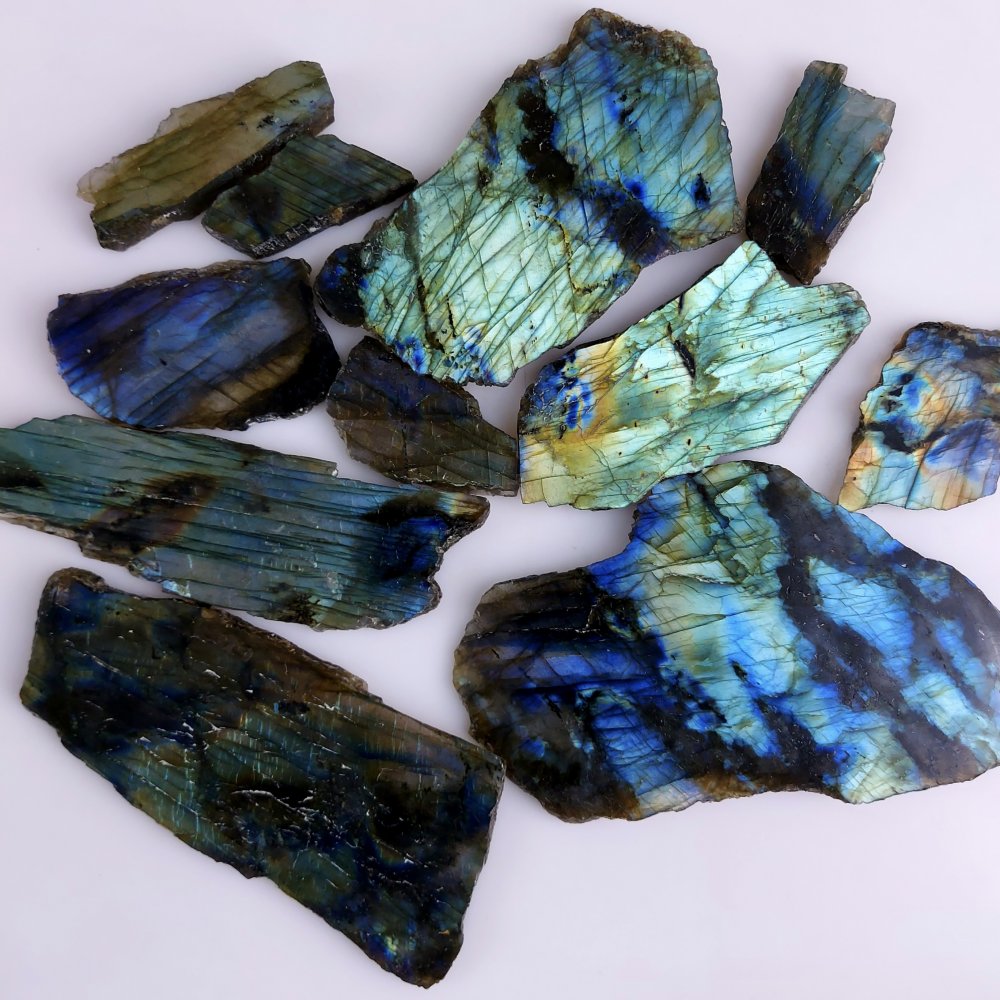11Pcs 1850Cts Natural Labradorite Slice Blue Fire Both Side Polished Gemstone Lot Edge Unpolished Lot 120x60 40x20mm#584