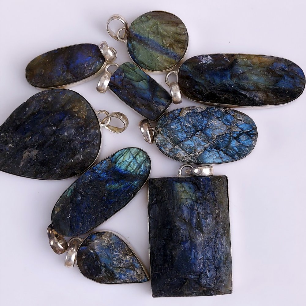 9Pcs 908Cts Natural Labradorite Druzy Silver Plated Loose Gemstone Pendant Lot #586