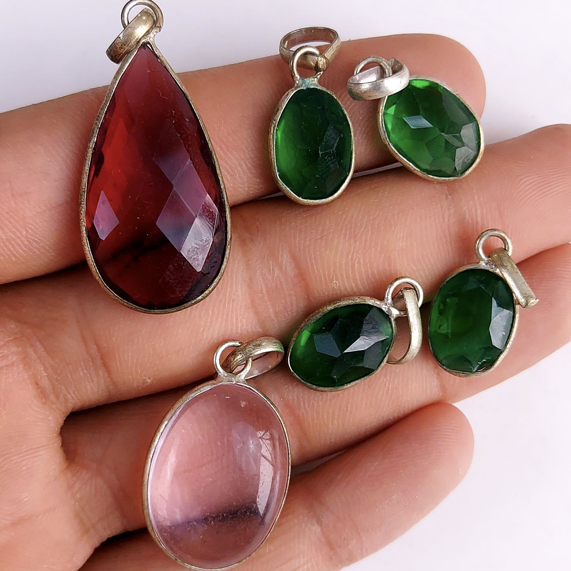 6Pcs 87Cts Glass Gemstone Pink Green Purple Faceted Pendant Silver Plated Lot 30x15 12x9mm#596