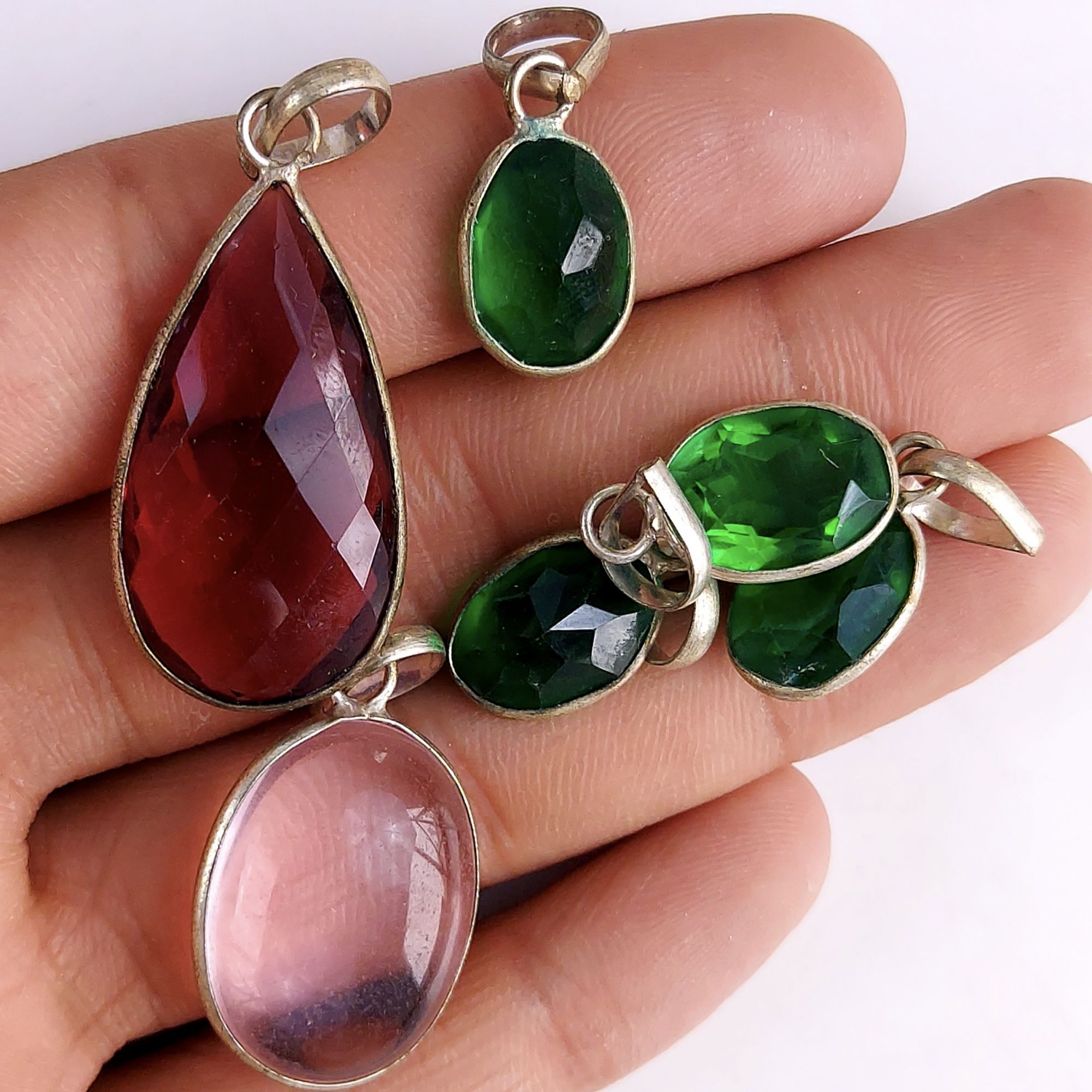 6Pcs 87Cts Glass Gemstone Pink Green Purple Faceted Pendant Silver Plated Lot 30x15 12x9mm#596