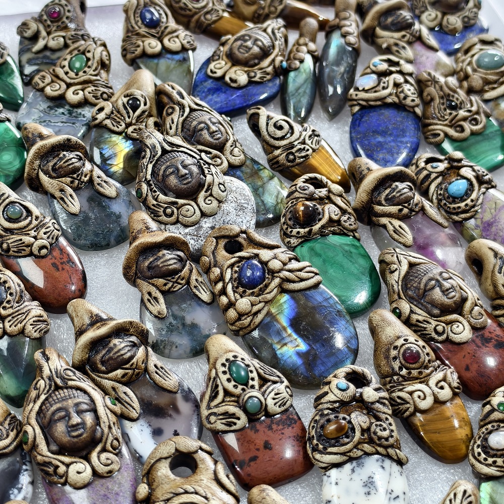 Natural Mixed Gemstone Polymer Clay Pendant 35x199x11mm 60x25x11mm Avg 90 Carat
