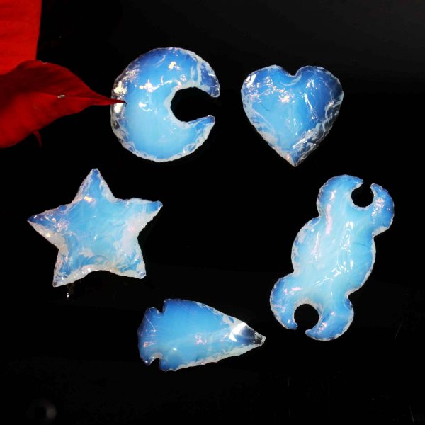 Set Of 5 Shape Opalite Moon Star Heart Arrowhead Double Moon Carving
