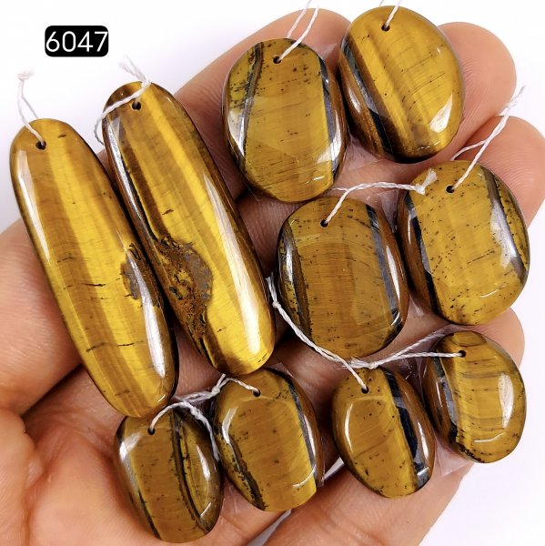 5pair 205cts Natural tiger&#039;s Eye Cabochon Gemstone Pair Lot Drilled Earring   Mix Shape &amp; Size 40x15 20x12mm#6047