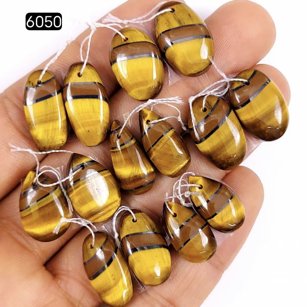 7pair 128cts Natural tiger&#039;s Eye Cabochon Gemstone Pair Lot Drilled Earring   Mix Shape &amp; Size 20x10 17x9mm#6050
