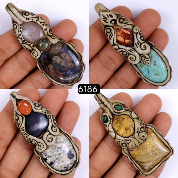 4 Pcs Lot 480Cts Natural Mix Gemstone Polymer Clay Pendant, Handmade polymer clay jewelry Necklaces, double stone Semi-precious gemstone pendants 75x25 70x20mm #6186