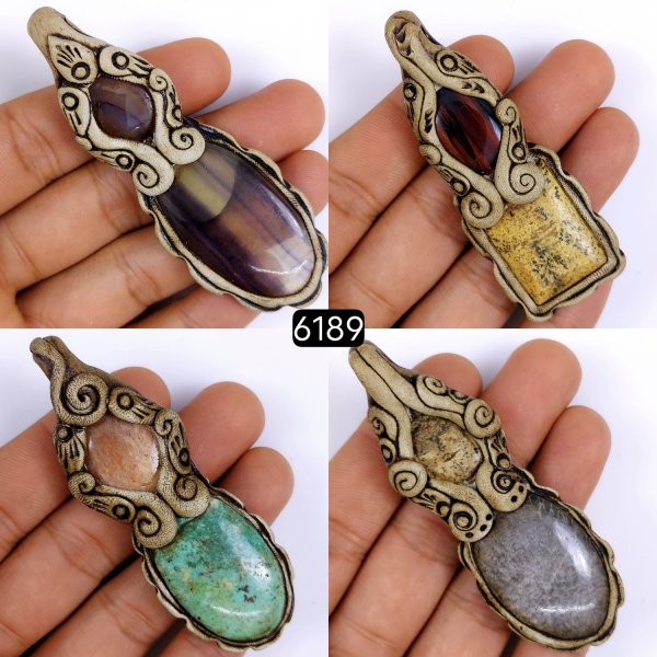 4 Pcs Lot 510Cts Natural Mix Gemstone Polymer Clay Pendant, Handmade polymer clay jewelry Necklaces, double stone Semi-precious gemstone pendants 75x25 70x20mm #6189