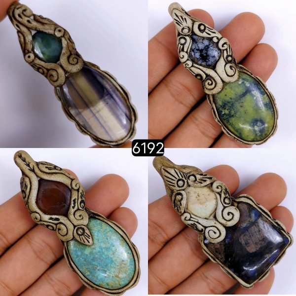 4 Pcs Lot 520Cts Natural Mix Gemstone Polymer Clay Pendant, Handmade polymer clay jewelry Necklaces, double stone Semi-precious gemstone pendants 75x25 70x20mm #6192