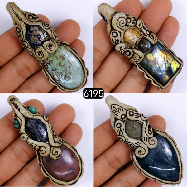 4 Pcs Lot 485Cts Natural Mix Gemstone Polymer Clay Pendant, Handmade polymer clay jewelry Necklaces, double stone Semi-precious gemstone pendants 75x25 70x20mm #6195