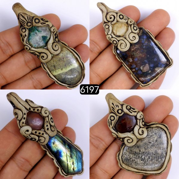 4 Pcs Lot 520Cts Natural Mix Gemstone Polymer Clay Pendant, Handmade polymer clay jewelry Necklaces, double stone Semi-precious gemstone pendants 75x25 70x20mm #6197