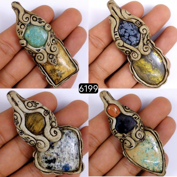 4 Pcs Lot 482Cts Natural Mix Gemstone Polymer Clay Pendant, Handmade polymer clay jewelry Necklaces, double stone Semi-precious gemstone pendants 75x25 70x20mm #6199