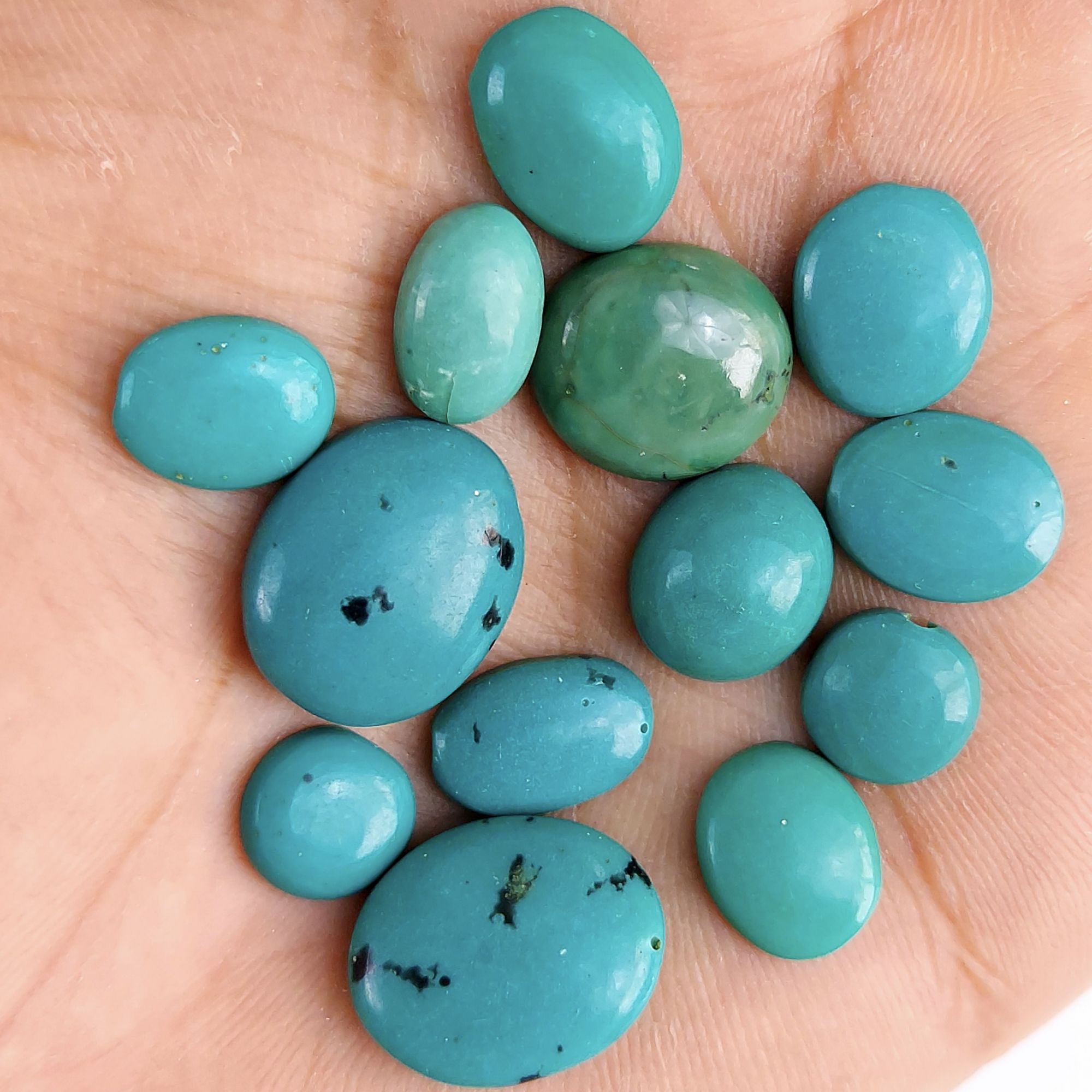 13Pcs 58Cts  Natural Green Tibet Turquoise Loose Cabochon Gemstone Lot For Jewelry Making 15x11 6x6mm#620