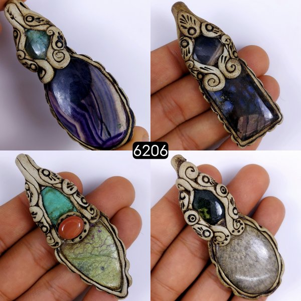 4 Pcs Lot 497Cts Natural Mix Gemstone Polymer Clay Pendant, Handmade polymer clay jewelry Necklaces, double stone Semi-precious gemstone pendants 75x25 70x20mm #6206