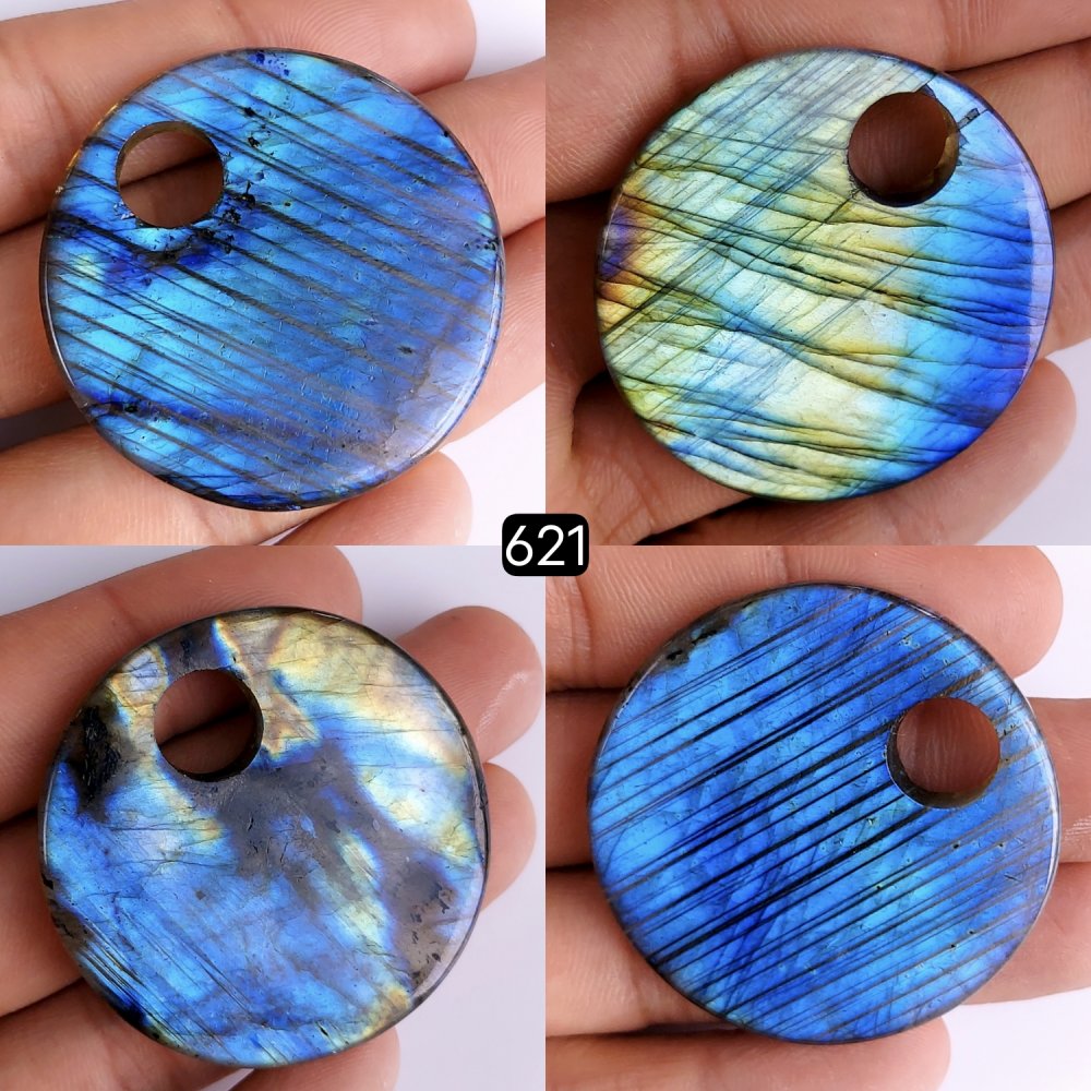 4Pcs 407Cts Natural Blue Labradorite Drill Round Cabochon Loose Gemstone Lot For Jewelry Making 41mm#621