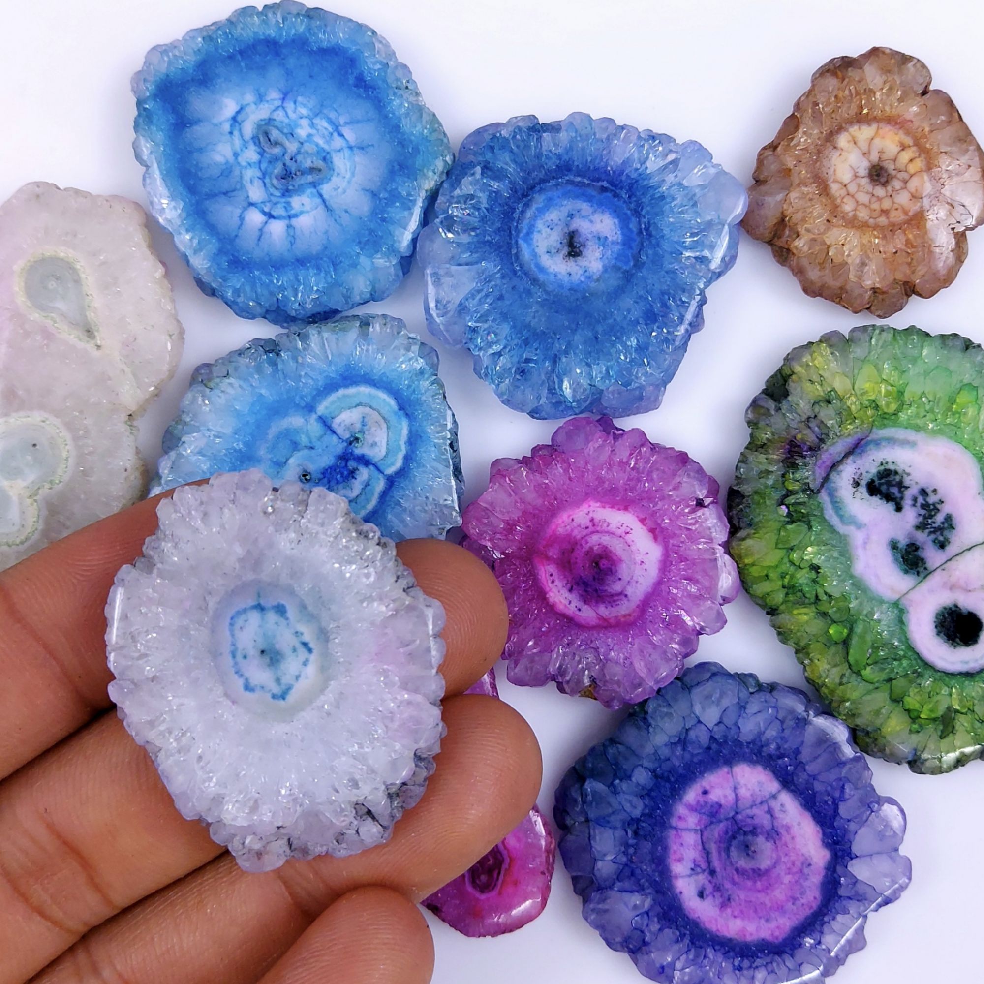 10 Pcs Lot 685Cts Natural Solar quartz slice lot with dyed Multi Colored Handmade Jewelry Loose Gemstone Pendant Birthday gift 50x40 28x26mm G-1674