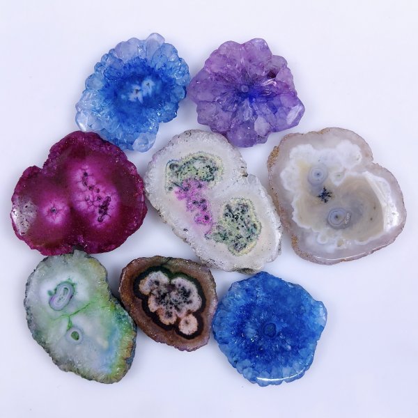 8 Pcs Lot 549Cts Natural Solar quartz slice lot with dyed Multi Colored Handmade Jewelry Loose Gemstone Pendant Birthday gift 48x32 35x28 mm #G-1685
