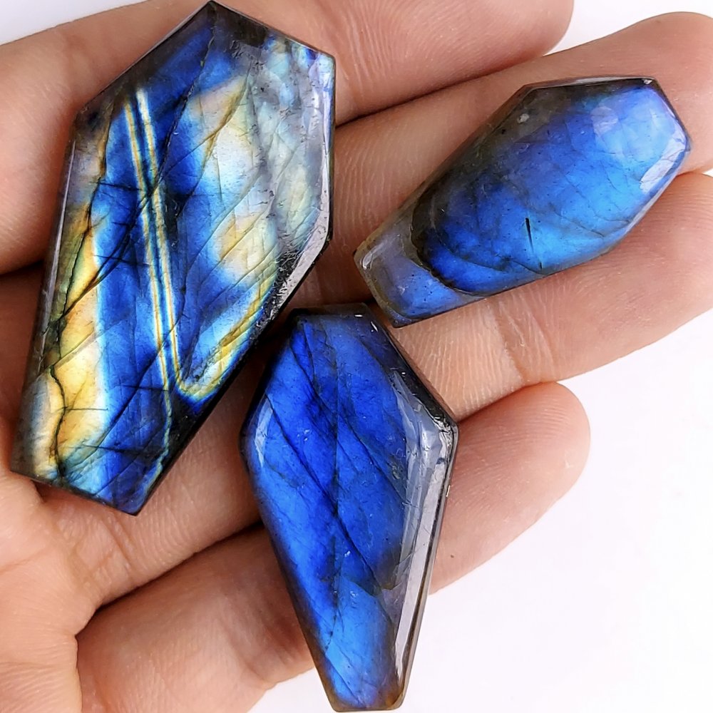 3Pcs 150Cts Natural Labradorite Cabochon Coffin Shape Gemstone Lot For Jewelry Making 45x23 30x15 mm#632
