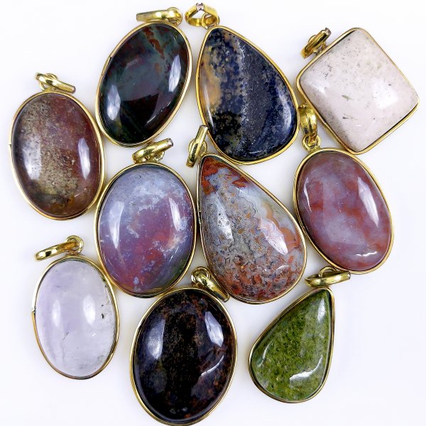 10 Pcs 420Cts Natural Mix Gemstone Pendants, Gold Plated single Loop Pendants, Handmade Gemstone Jewelry, Bezel Pendants 35x20 26x16mm#G-1649