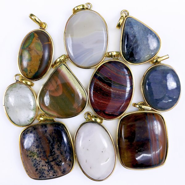 10 Pcs 435Cts Natural Mix Gemstone Pendants, Gold Plated single Loop Pendants, Handmade Gemstone Jewelry, Bezel Pendants 30x25 22x16mm#G-1650