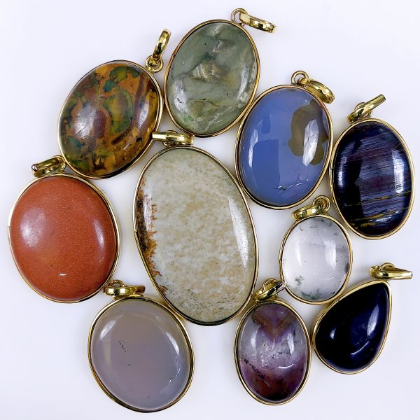 10 Pcs 450Cts Natural Mix Gemstone Pendants, Gold Plated single Loop Pendants, Handmade Gemstone Jewelry, Bezel Pendants 43x25 20x16mm#G-1652