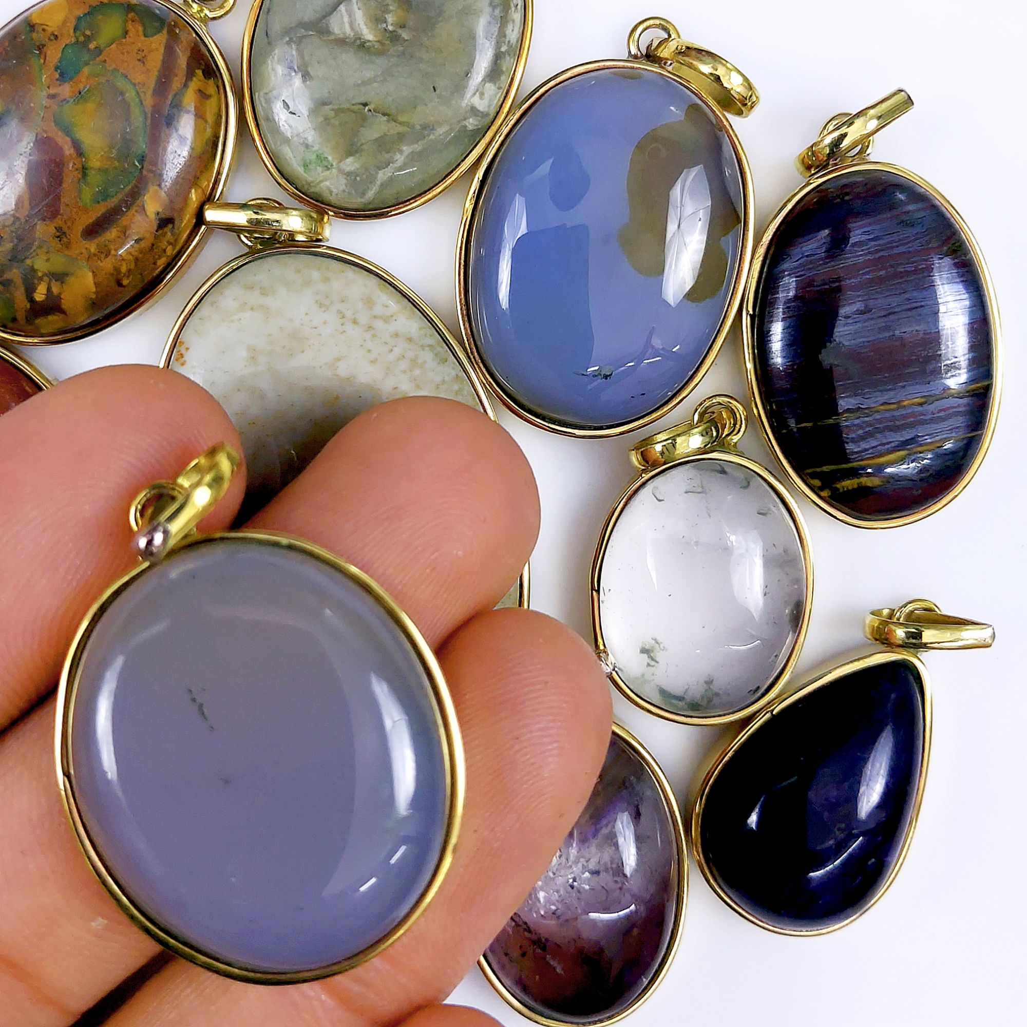 10 Pcs 450Cts Natural Mix Gemstone Pendants Gold Plated single Loop Pendants Handmade Gemstone Jewelry Bezel Pendants 43x25 20x16mmG-1652