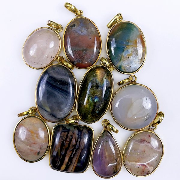 10 Pcs 380Cts Natural Mix Gemstone Pendants, Gold Plated single Loop Pendants, Handmade Gemstone Jewelry, Bezel Pendants 30x16 25x17mm#G-1653