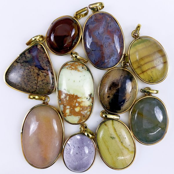 10 Pcs 391Cts Natural Mix Gemstone Pendants, Gold Plated single Loop Pendants, Handmade Gemstone Jewelry, Bezel Pendants 33x21 20x14mm#G-1654