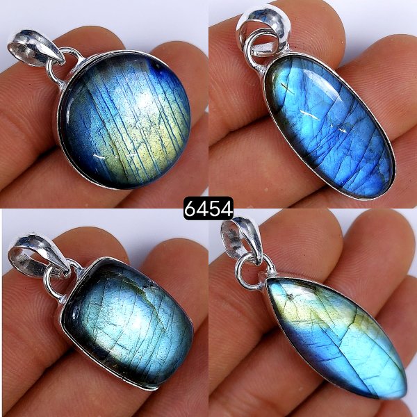 4Pcs 169Cts Natural Labradorite Cabochon Silver Plated Bezel Pendants, Multi Fire single Loop Connector Labradorite Necklace wire wrap Pendant 14x12 20x14mm#6454