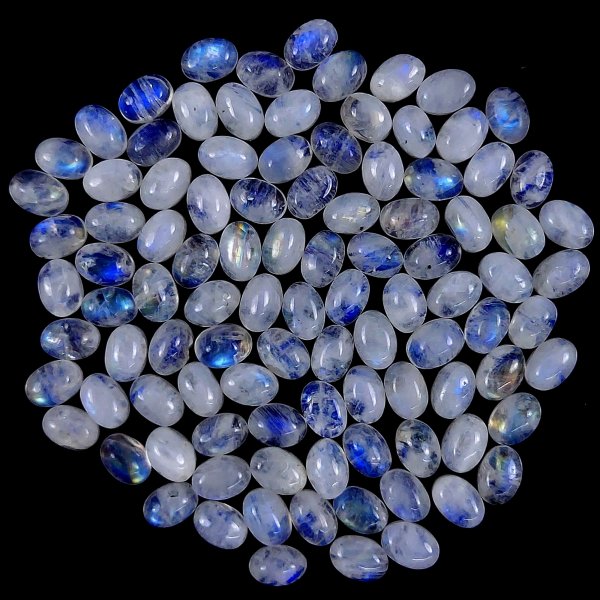 100Pcs Lot 99Cts Natural calibrated Rainbow Moonstone Mix Cabochon Loose Gemstone Wholesale Lot Size  5x7 mm #G-1593