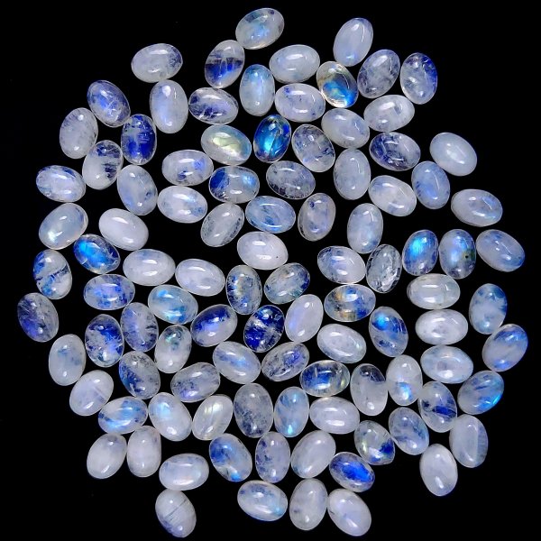 100Pcs Lot 99Cts Natural calibrated Rainbow Moonstone Mix Cabochon Loose Gemstone Wholesale Lot Size 5x7 mm#G-1594