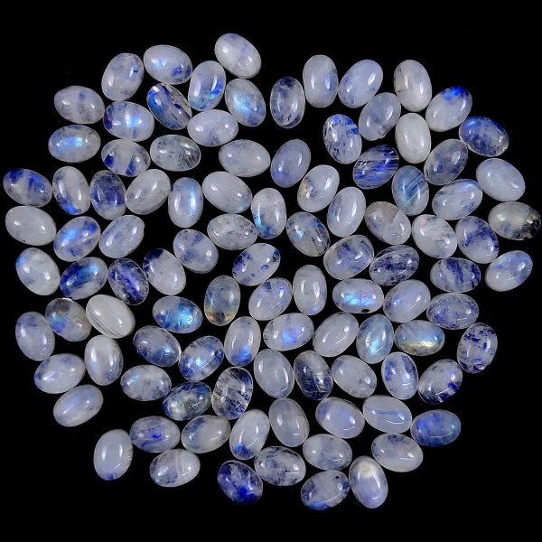 100Pcs Lot 102Cts Natural calibrated Rainbow Moonstone Mix Cabochon Loose Gemstone Wholesale Lot Size 5x7mm#G-1595