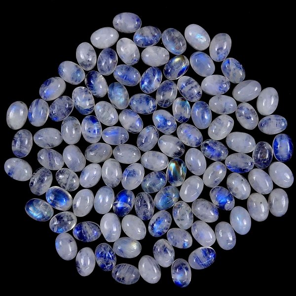 100Pcs Lot 99Cts Natural calibrated Rainbow Moonstone Mix Cabochon Loose Gemstone Wholesale Lot Size 5x7 mm#G-1596