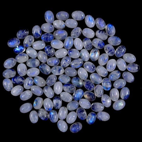 100Pcs Lot 100Cts Natural calibrated Rainbow Moonstone Mix Cabochon Loose Gemstone Wholesale Lot Size 5x7mm#G-1597