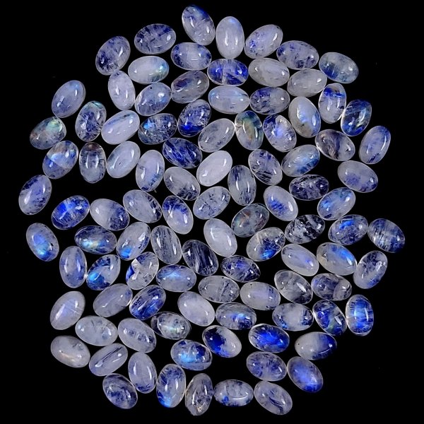 100Pcs Lot 59Cts Natural calibrated Rainbow Moonstone Mix Cabochon Loose Gemstone Wholesale Lot Size 4x6 mm#G-1600