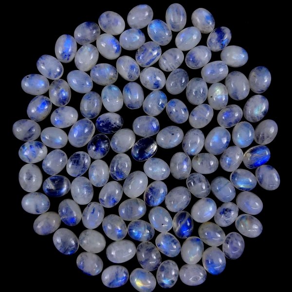 100Pcs Lot 231Cts Natural calibrated Rainbow Moonstone Mix Cabochon Loose Gemstone Wholesale Lot Size 7x9 mm#G-1612