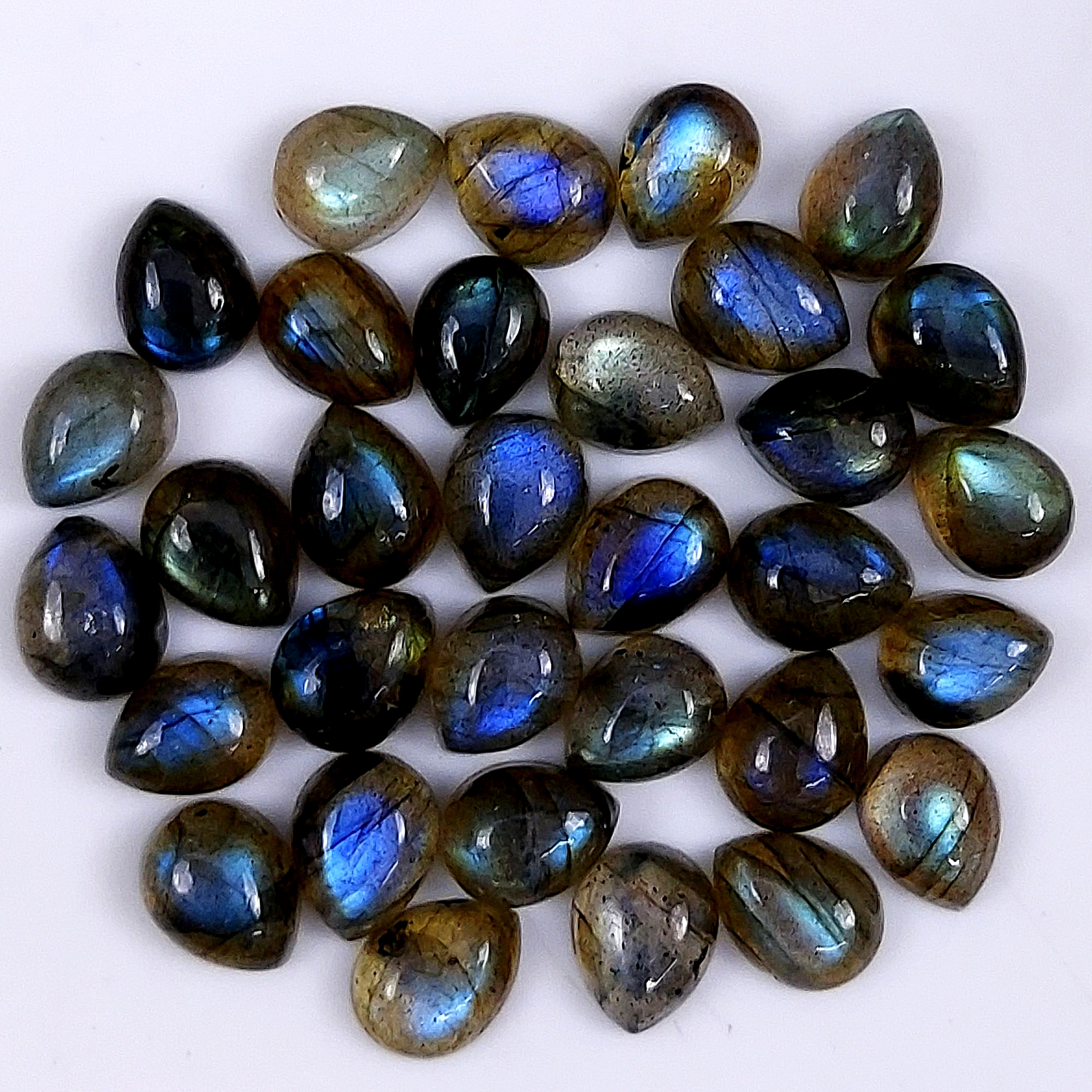 32 Pcs 78Cts Natural Labradorite Cabochon Round Shape Multifire Calibrated Loose Gemstone for jewelry making Wholesale Lots Size10x7 9x6mm#G-1582