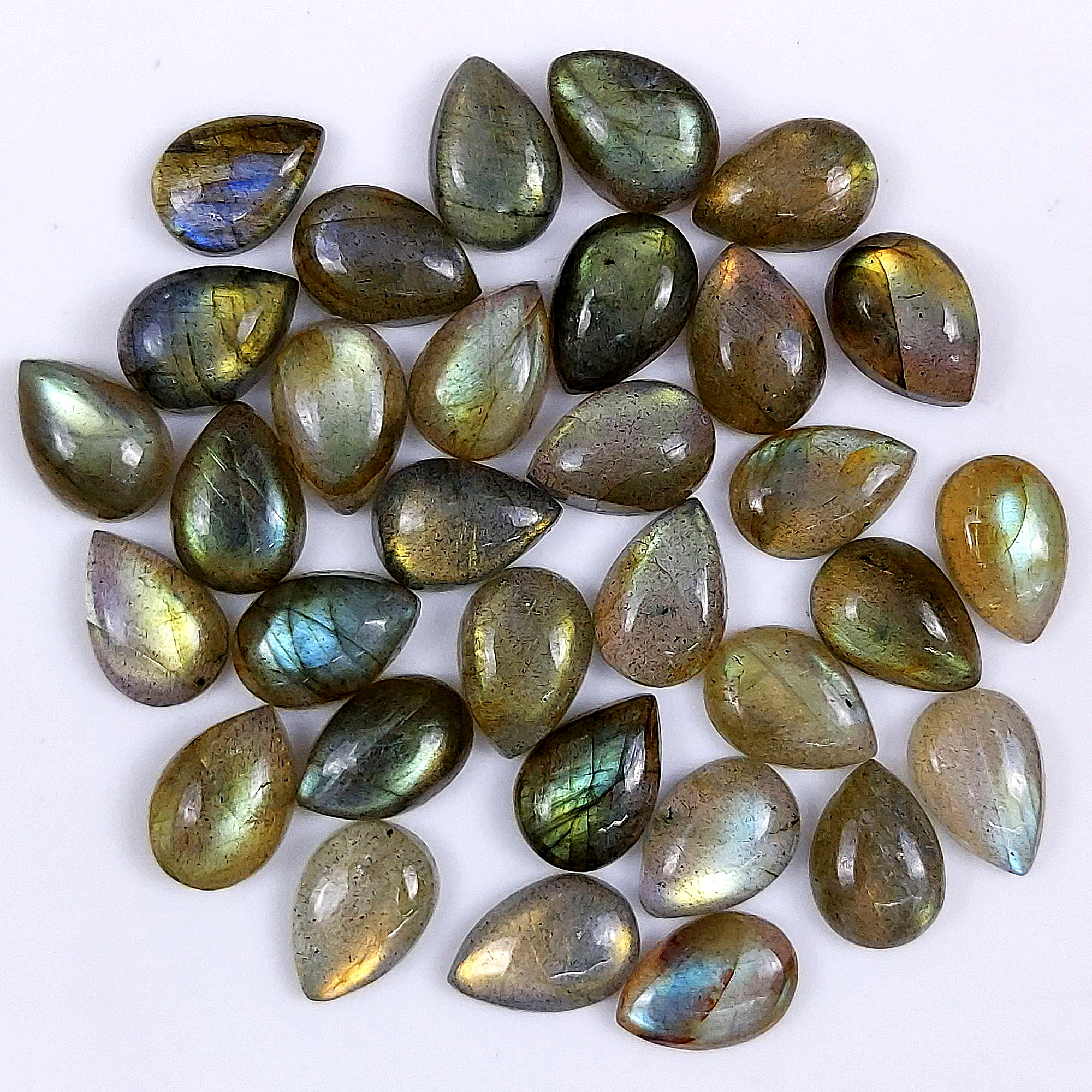32 Pcs 124Cts Natural Labradorite Cabochon pear Shape Multifire Calibrated Loose Gemstone for jewelry making Wholesale Lots Size9x13mm#G-1587