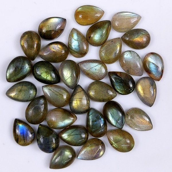 32 Pcs 124Cts Natural Labradorite Cabochon pear Shape Multifire Calibrated Loose Gemstone for jewelry making Wholesale Lots Size9x13mm#G-1587