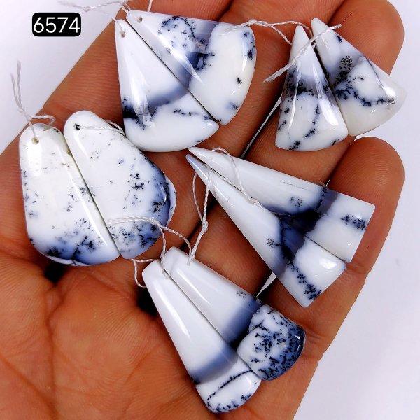 5Pair 123Cts Natural Dendrite Opal Earring Pair Drill Loose Gemstone Lot #6574