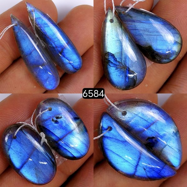 4Pair 84Cts Labradorite earring pairs matched gemstone beads cabochon smooth gemstone flat back stone Drilled for dangle loop earrings  32x10 22x12mm#R-6584
