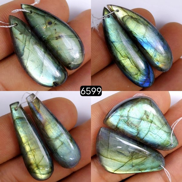 4Pair 1037Cts Labradorite earring pairs matched gemstone beads cabochon smooth gemstone flat back stone Drilled for dangle loop earrings  38x12 30x12mm#6599