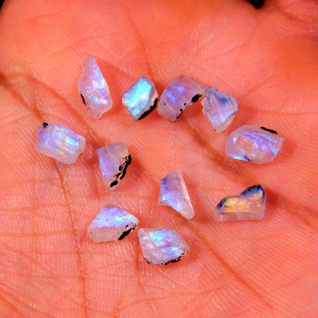 186Cts. Natural Blue Fire Rainbow Moonstone Rough Loose Gemstone Lot Slice 10X5 5X4mm.