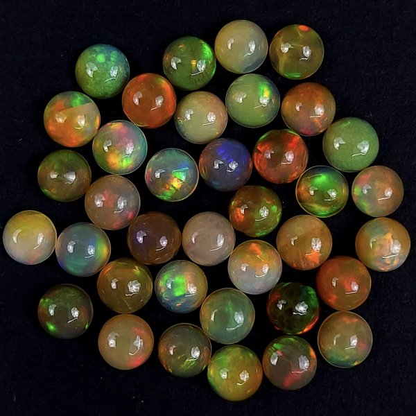 37Pcs 23Cts Natural Ethiopian Multi Fire Opal Semi Precious Gemstone Loose Flat Back Cabochons Ethiopian Opal round Cabochon Precious Calibrated Loose OPAL BIRTHSTONE  6x6mm#1548