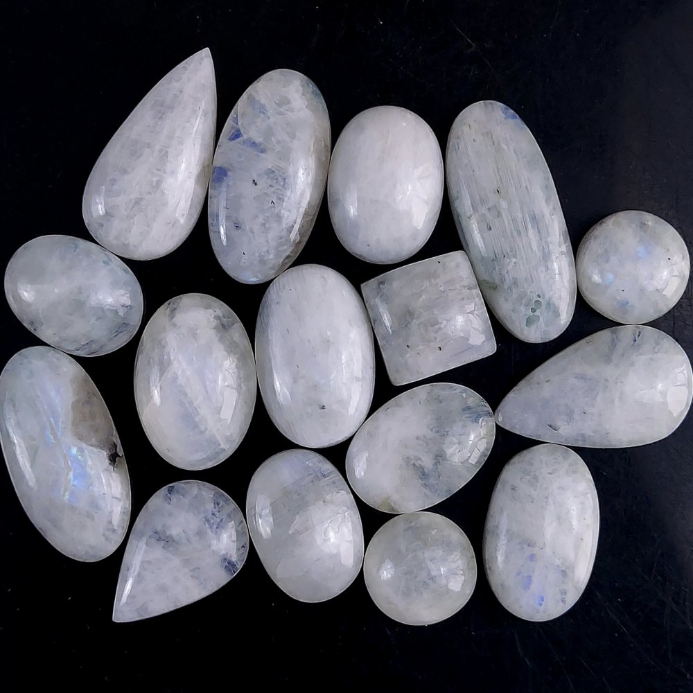 16Pcs 275Cts Natural Rainbow Cabochon Gemstone For Jewelry Making Crystal Cabochon Semi-Precious Rainbow Moonstone Flat Back Gemstone Lot 30x14 14x14mm#673