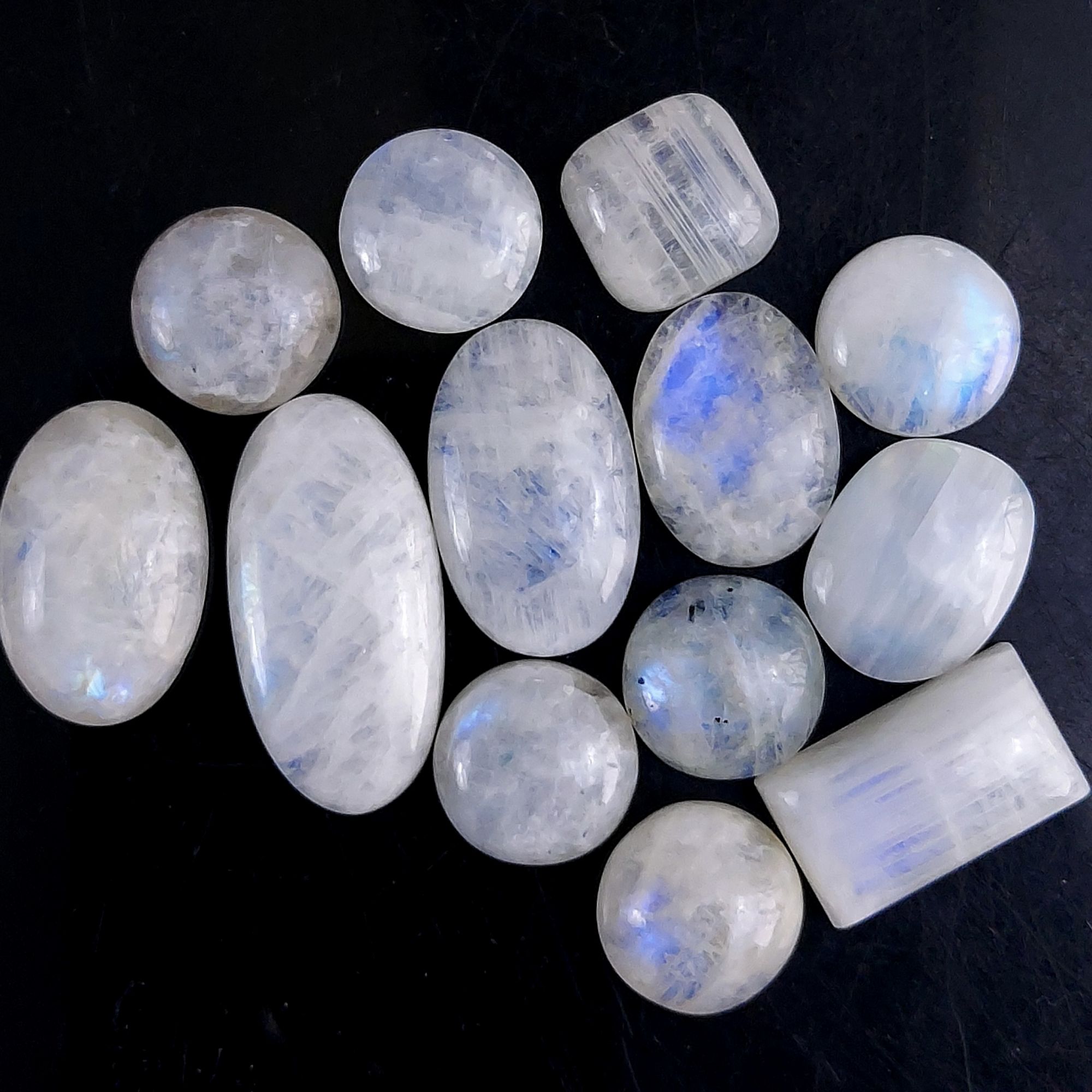 13Pcs 264Cts Natural Rainbow Cabochon Gemstone For Jewelry Making Crystal Cabochon Semi-Precious Rainbow Moonstone Flat Back Gemstone Lot 35x15 16x16mm#677
