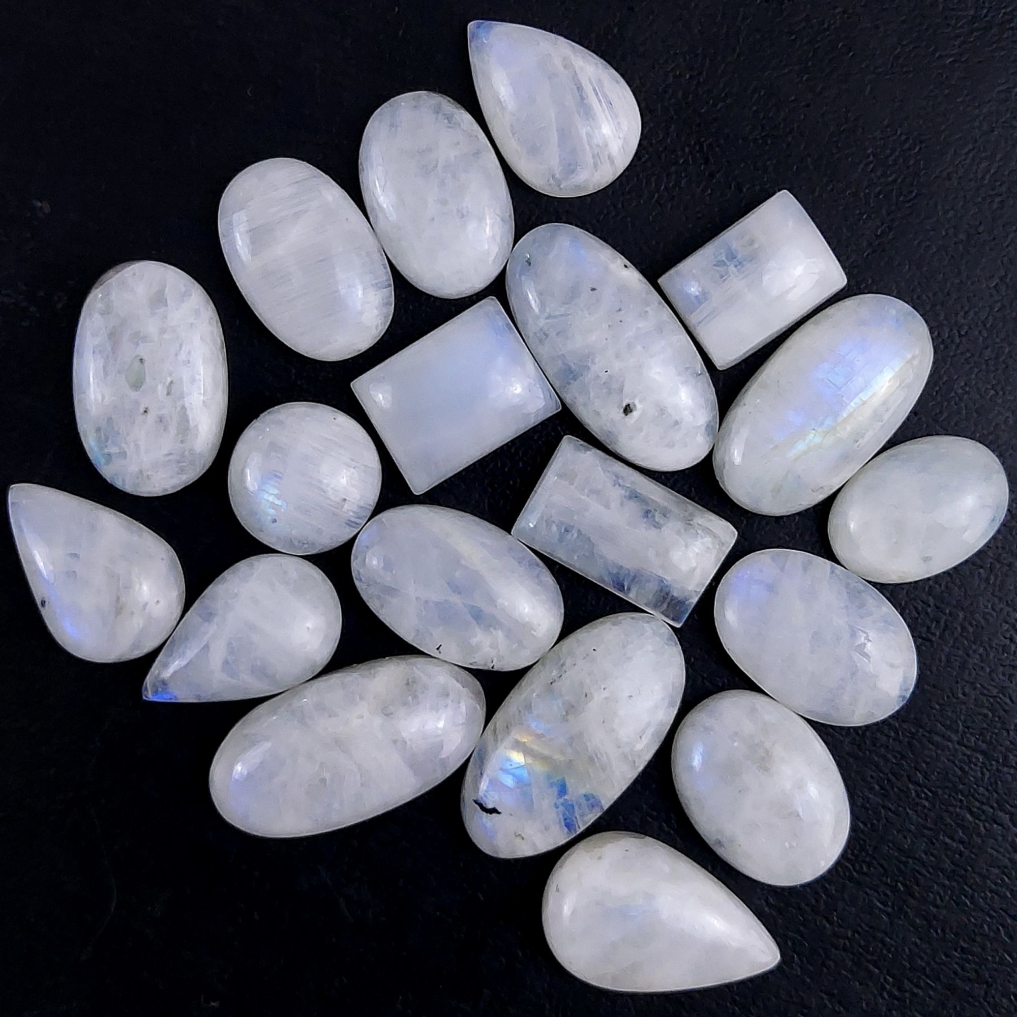 19Pcs 260Cts Natural Rainbow Cabochon Gemstone For Jewelry Making Crystal Cabochon Semi-Precious Rainbow Moonstone Flat Back Gemstone Lot 24x11 13x8mm#692