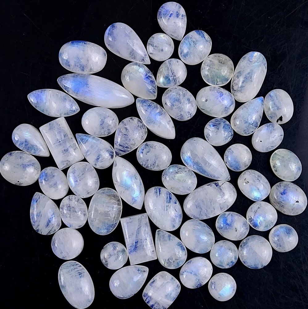 54Pcs 217Cts Natural Rainbow Cabochon Gemstone For Jewelry Making Crystal Cabochon Semi-Precious Rainbow Moonstone Flat Back Gemstone Lot 23x8 8x8mm#717