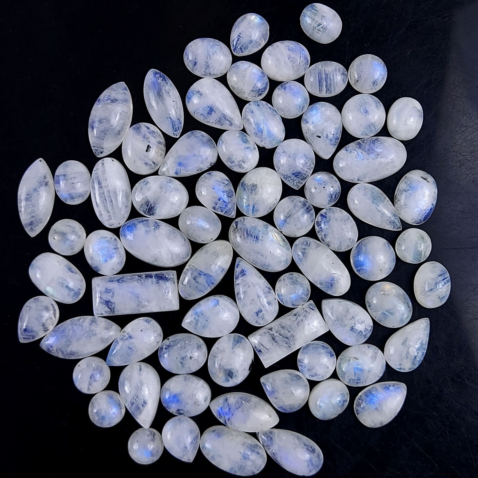 69Pcs 285Cts Natural Rainbow Cabochon Gemstone For Jewelry Making Crystal Cabochon Semi-Precious Rainbow Moonstone Flat Back Gemstone Lot 16x7 8x8mm#721