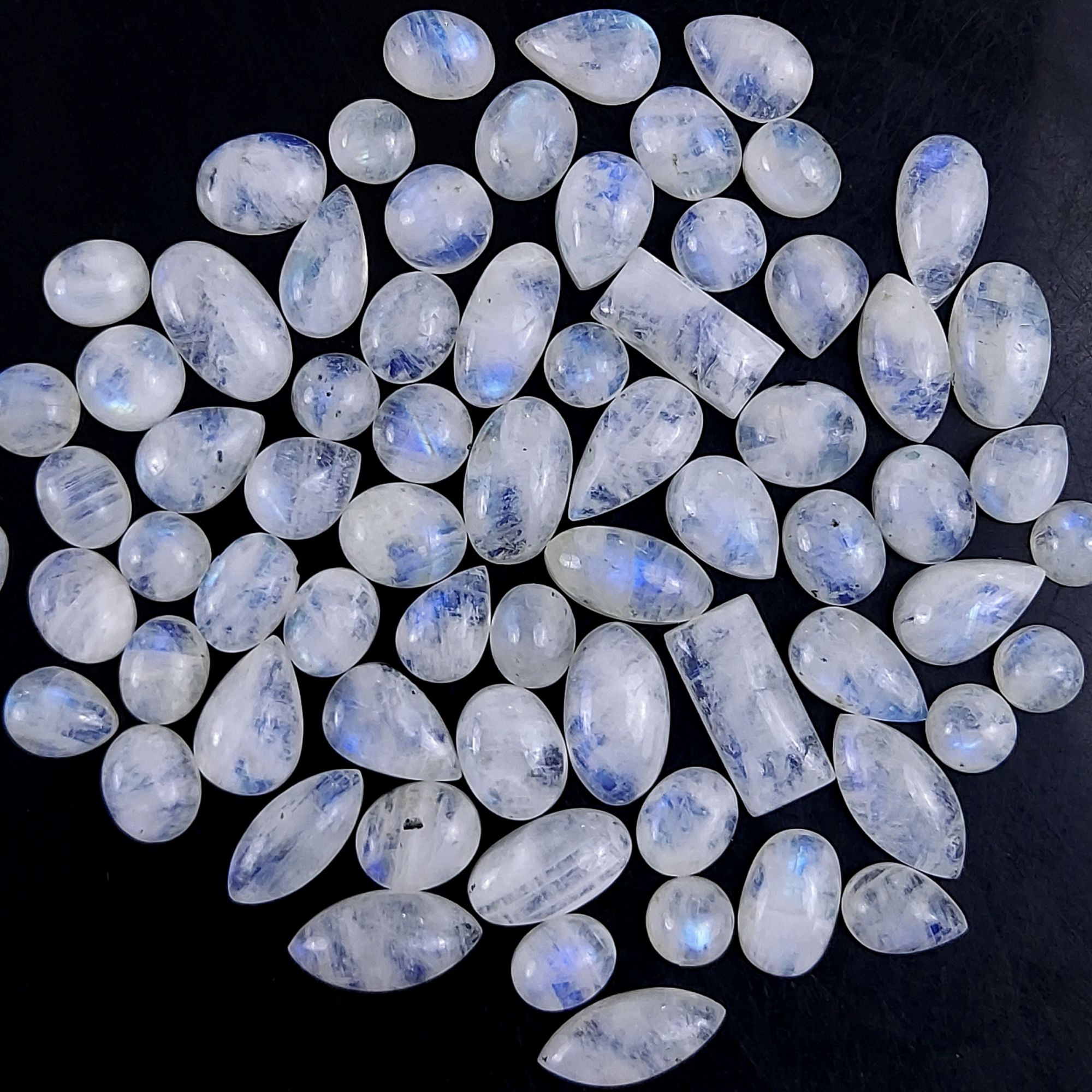 69Pcs 285Cts Natural Rainbow Cabochon Gemstone For Jewelry Making Crystal Cabochon Semi-Precious Rainbow Moonstone Flat Back Gemstone Lot 16x7 8x8mm#721