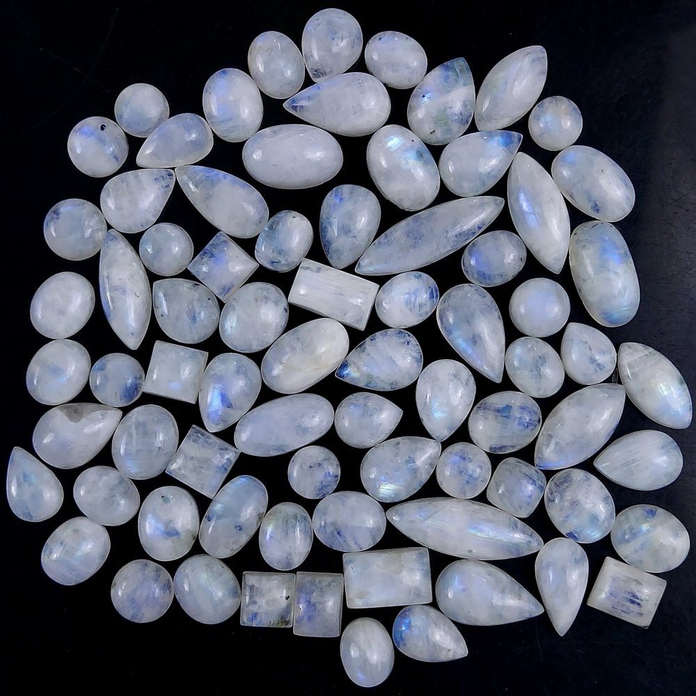 76Pcs 321Cts Natural Rainbow Cabochon Gemstone For Jewelry Making Crystal Cabochon Semi-Precious Rainbow Moonstone Flat Back Gemstone Lot 24x8 7x7mm#725