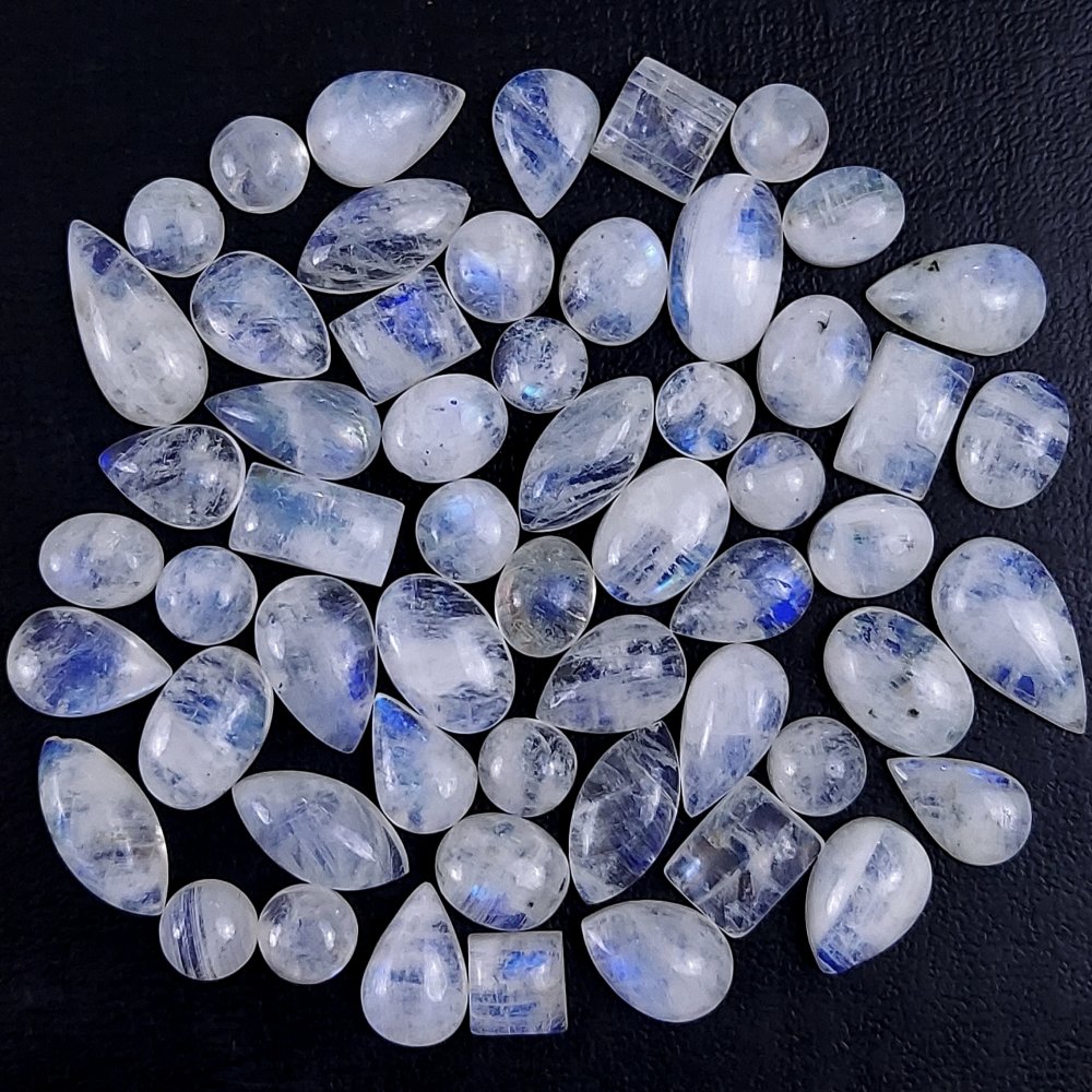 56Pcs 203Cts Natural Rainbow Cabochon Gemstone For Jewelry Making Crystal Cabochon Semi-Precious Rainbow Moonstone Flat Back Gemstone Lot 18x7 8x8mm#726